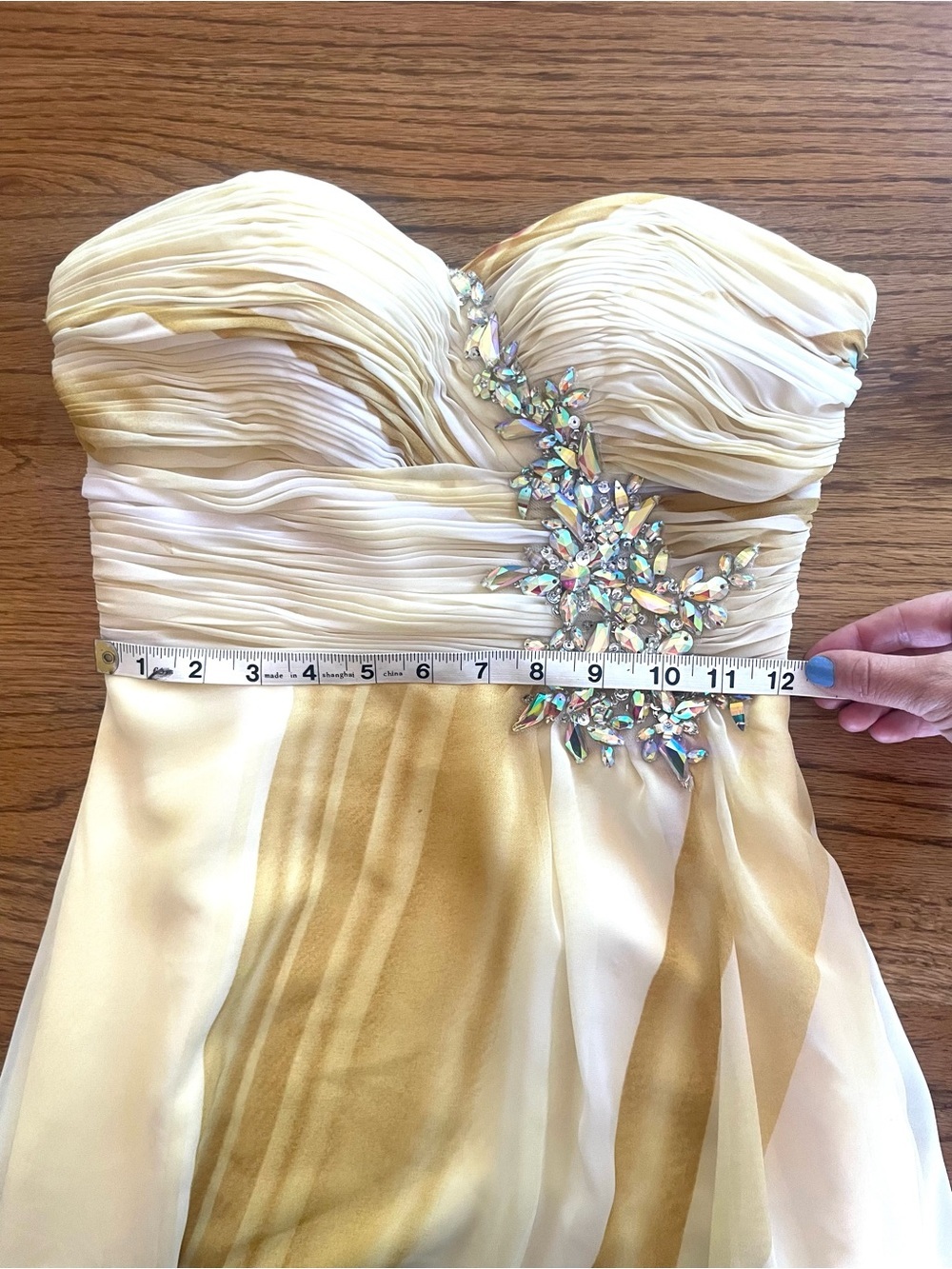 Strapless Beaded Ombre Watercolor Formal Evening Dress - Yellow Multicolor Sz 6 - Picture 9 of 13
